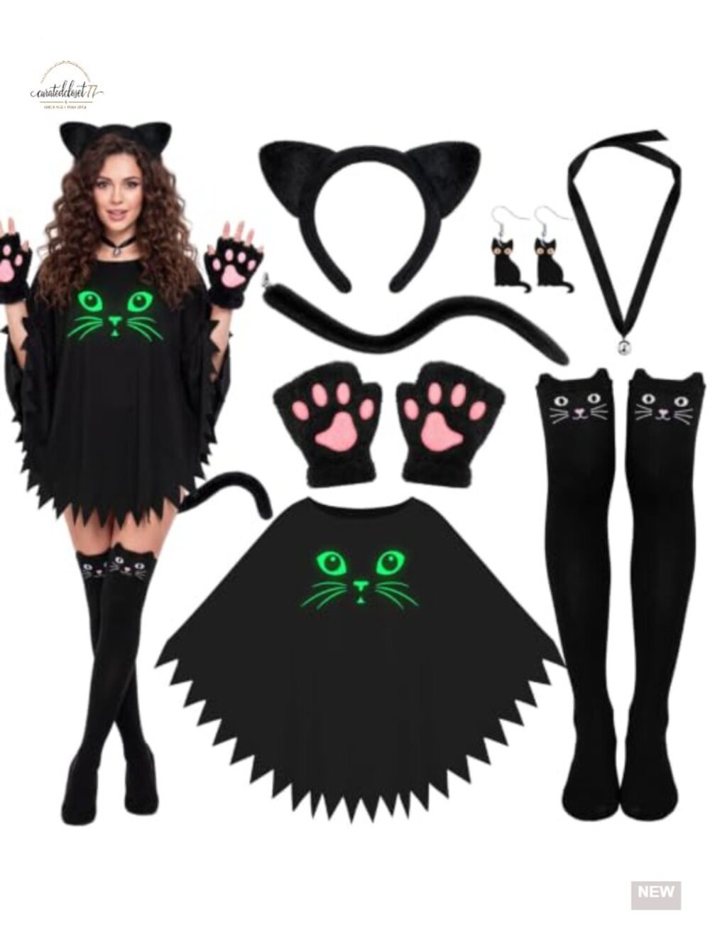 7-Piece Faux Fur Cat Costume Set Glow in the Dark Cape Adult Women Halloween